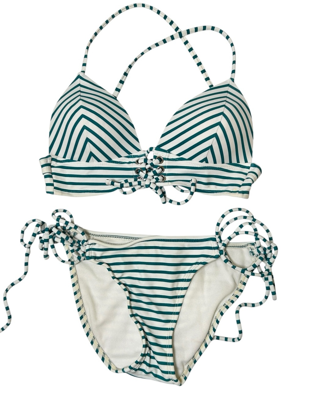 Hula Honey Green and White Striped Swimsuit Bikini Set Size XS